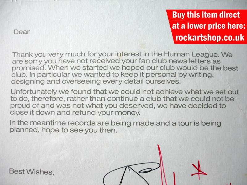 Human League Fan Club Closing Letter 1981 Human League Fan Club Closing Letter 1981
